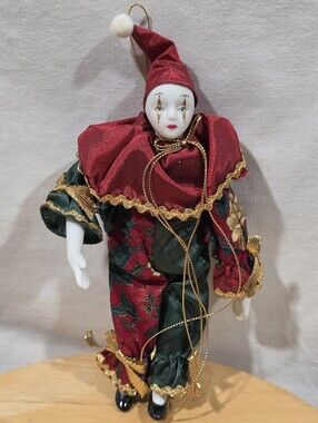 Porcelain Harlequin Jester Christmas Ornament Doll Red Green Gold
